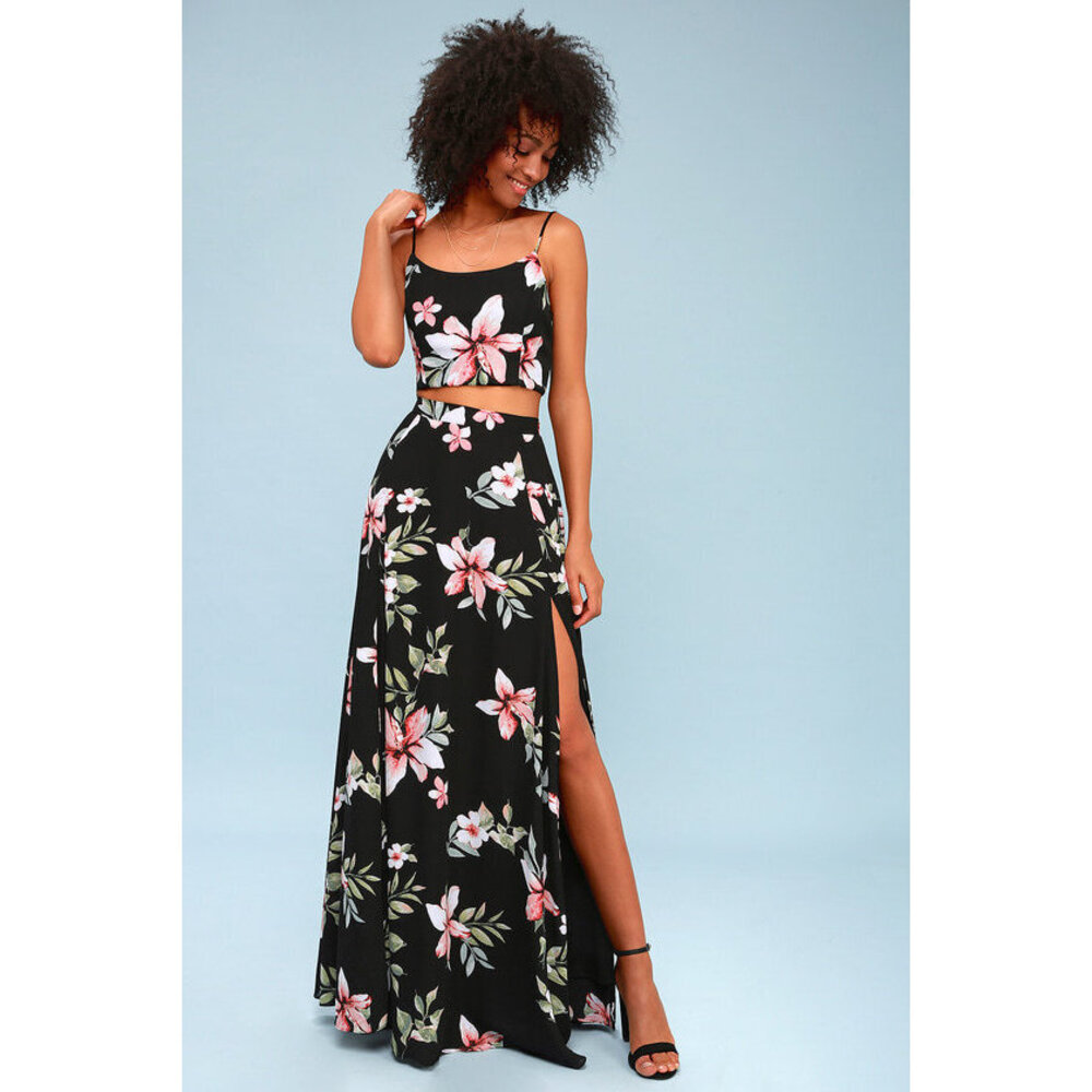 Lulus Barefoot At The Beach Black Floral Print Two-piece Maxi Dress - Size Small